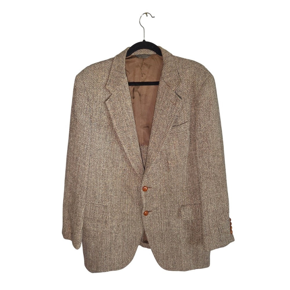 Harris Tweed Blazer Mens 44 Brown Herringbone Kuppenheimer Wool Sport Coat